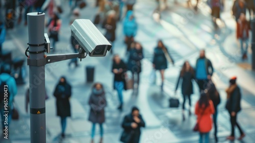 Public surveillance scene in a busy urban area, capturing people going about their day