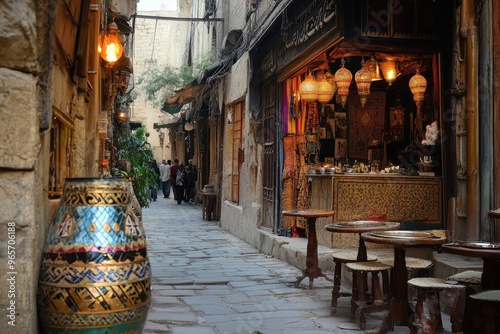 Tourists walking down narrow street with shops and restaurants in cairo egypt