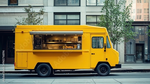 Bright yellow food truck with open serving window on a busy street in the city