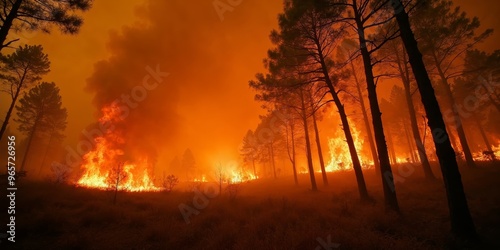 A forest fire rages in the night, casting an eerie orange glow on the trees.