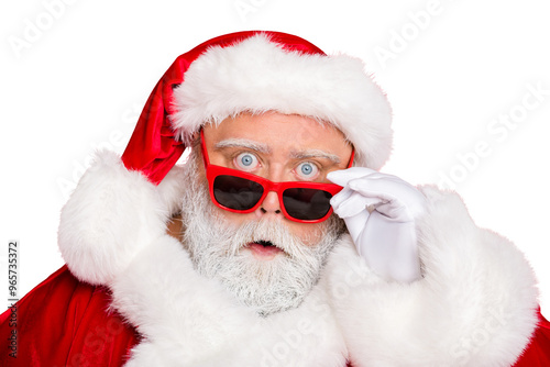 Close-up portrait of his he amazed stunned funky fat overweight plump gray-haired bearded man incredible news putting specs off isolated over bright vivid shine red background