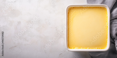 Custard served in a rectangular dish with an undisturbed top layer