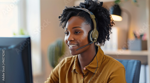 Happy african American woman working remotely on a virtual video team meeting call, remote work and flexible culture concept. Inclusive and diverse workplace. DEI remote working. AI generated 