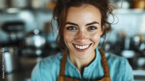 Close-up of a smiling woman wearing an apron, set against a blurred kitchen background, emphasizing joy, warmth, and a love for cooking in a homely environment.