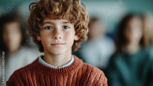 A serious young boy with freckles and curly hair wearing a rust-colored sweater, focused in a classroom setting, with other students blurred in the background.