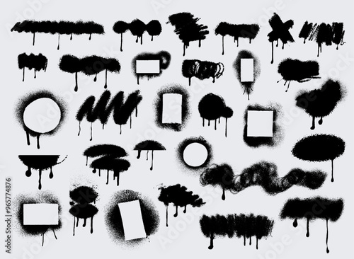 Big set of black graffiti spray painted lines. Drips ink splatters isolated on white background. Paint aerosol spray texture collection. Abstract vector spray graffiti dark splash.eps