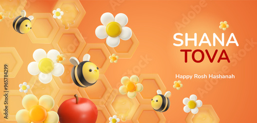 Rosh hashanah celebration 3d. Vector illustration of honey and apple set.