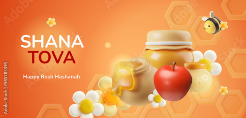 Rosh hashanah celebration 3d. Vector illustration of honey and apple set.