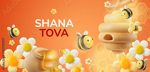 Rosh hashanah celebration 3d. Vector illustration of honey and apple set.