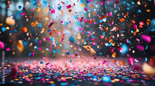 Colorful confetti falls amidst a festive atmosphere in a lively outdoor celebration during the day surrounded by trees and joyful energy