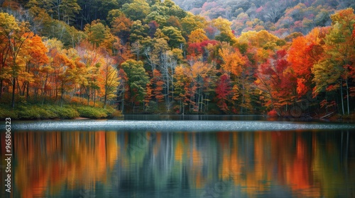 Tranquil lake surrounded by colorful fall trees