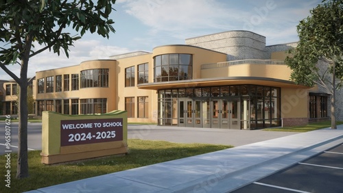 Modern school building with welcome sign for the 2024-2025 academic year