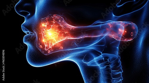 An illustration of a throat with visible swelling and irritation inside, with highlighted areas in red.