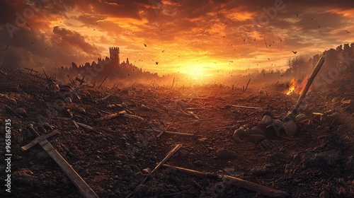 Epic Fantasy Battle Scene with Sunset and Castle in Background