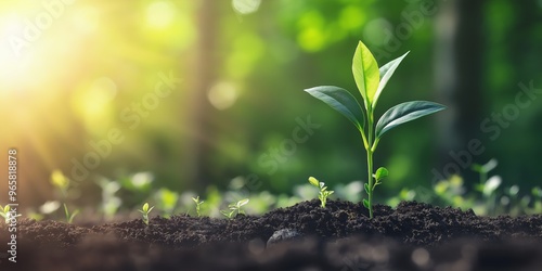 A young green plant seedling growing in rich soil, bathed in warm sunlight with blurred trees in the background.