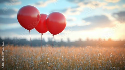 Three red balloons floating above a golden field at sunset, creating a vibrant and serene atmosphere in nature