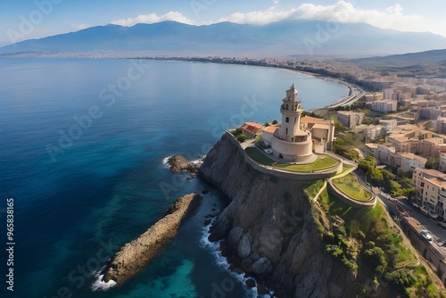 View from flying drone. Aerial spring view of Milazzo lighthouse. Gorgeous morning scene of Milazzo peninsula. Generative AI