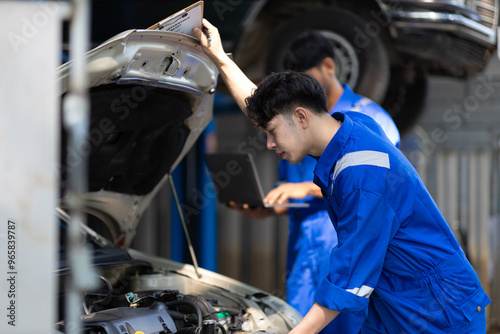 Auto mechanic is checking the engine system of a car in the garage.