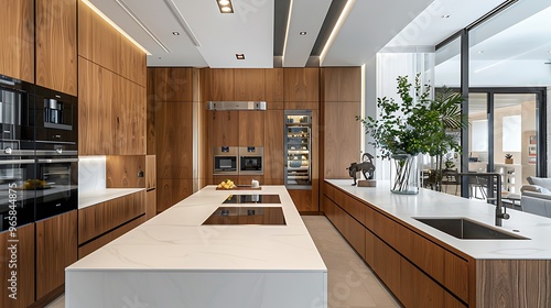 Interior of modern luxury house, kitchen with black and white appliances