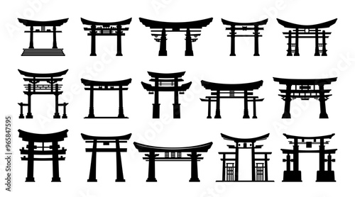 Japanese torii gate Asian religious black monochrome silhouette set vector flat illustration