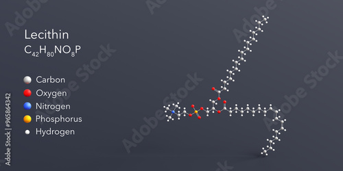 lecithin molecule 3d rendering, flat molecular structure with chemical formula and atoms color coding