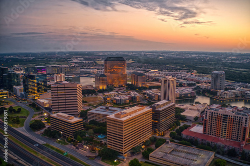 Aerial View of the Irving, Texas Skyline at Sunrise during Summer