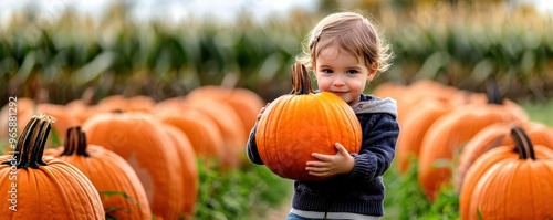 A child carrying a pumpkin nearly as big as them through the farm, rows of pumpkins and tall cornstalks behind pumpkin picking, farm adventure, countryside autumn