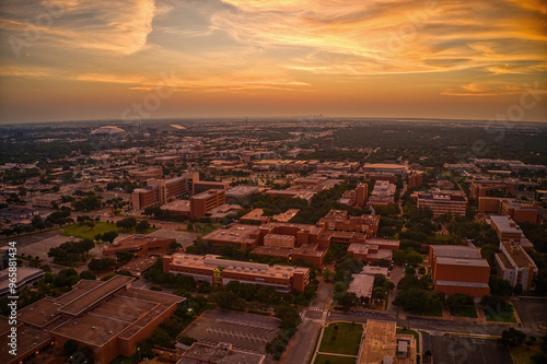 Aerial View of a large Public University in Arlington, Texas at Sunrise