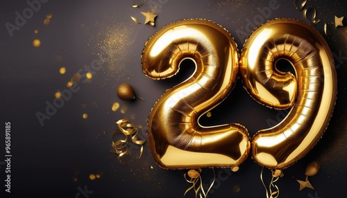 Banner with number 29 golden balloons with copy space