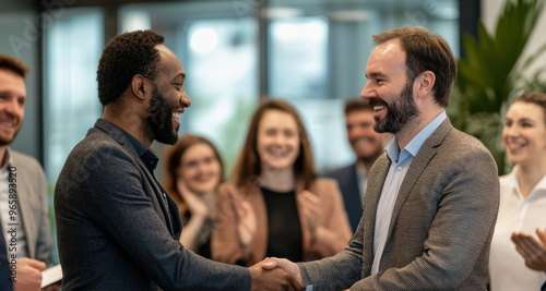 Business professionals meet for the first time at a conference, exchanging smiles and handshakes as they introduce themselves. The environment is welcoming and conducive to networking.