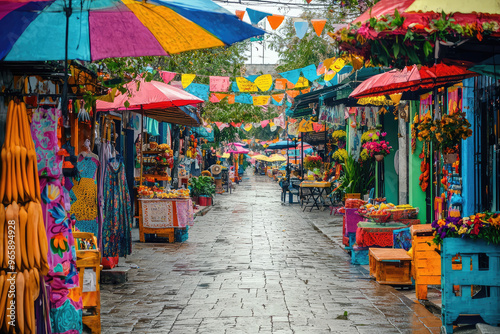 Vibrant street market with colorful stalls, umbrellas, and festive decorations creates lively atmosphere. scene is filled with flowers and local crafts, inviting exploration