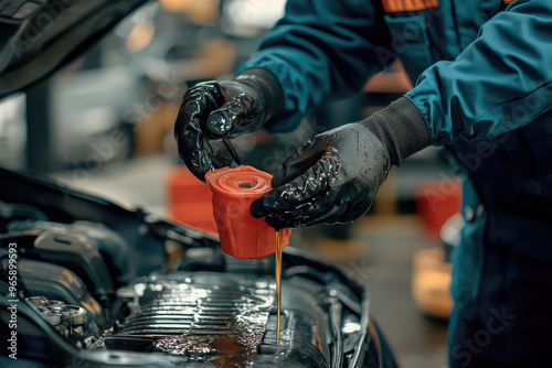 Mechanic performing transmission fluid change, carefully pouring fluid into engine. focused expression highlights importance of maintenance for vehicle performance