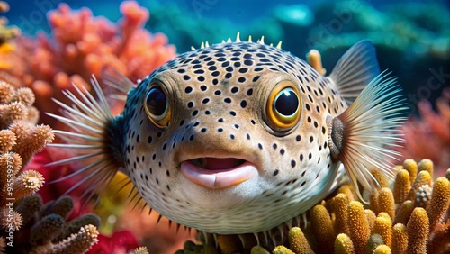 Close-up of a pufferfish with coral background