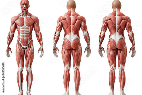 Anatomical chart showcasing muscular system from multiple angles, highlighting detailed muscle structure and anatomy. This high quality illustration serves as an educational tool for understanding hum