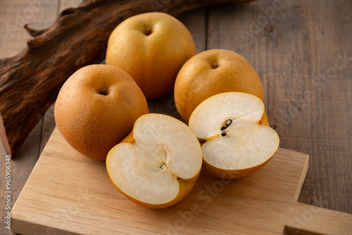 Japanese pears,Asian pears. Asian pears: any of a variety of pears, mainly of Japanese and Chinese origin, with crisp, juicy flesh and typically have yellow, brown, or green skin. 