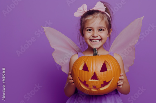 Uma garota alegre em uma fantasia de fada segurando uma abóbora esculpida contra um fundo roxo durante as festividades de Halloween