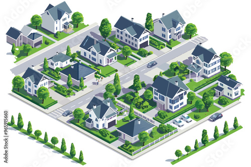 Isometric Suburban Neighborhood with Houses isolated