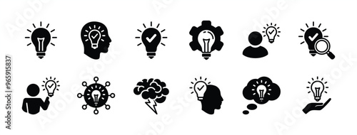 Business idea flat icon set. Containing innovation, light bulb, creativity, inspiration, brainstorm, intelligence, thinking, invention, creative, solution, mind. Vector illustration