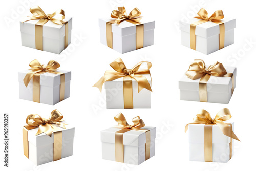 PNG white gift box golden ribbon element set, transparent background