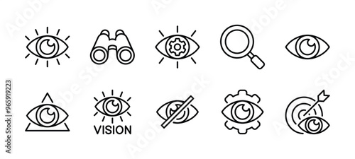 Business vision thin line icon vector set. Containing search, look, eye view, searching, telescope, blind, find setting, target, watching, eyesight, visibility, see, observe, spy, investigate