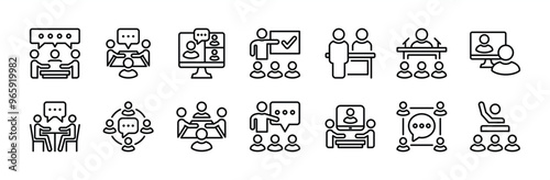 Business meeting thin line icon vector set. Containing teamwork, conference, workplace, seminar, teaching, classroom, interview, discussion, forum, presentation, online video, discourse, group talk