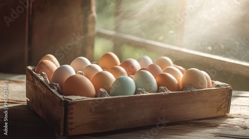 A collection of fresh farm eggs in various colors, displayed in a vintage egg crate with natural sunlight illuminating the scene