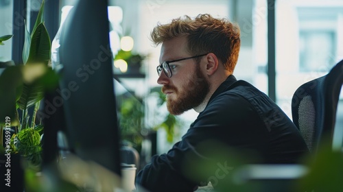 A professional concentrating on a computer screen while working on a detailed project or analysis in a modern office setting