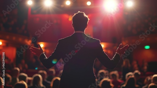 Public speaker on stage being applauded and admired by an audience for their inspiring presentation