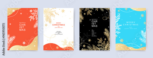 Set of Winter holidays banner templates. Minimal background with Christmas tree branches and snowflakes. Christmas card. Vector illustration for poster, banner, cover, mobile app, social media, flyer