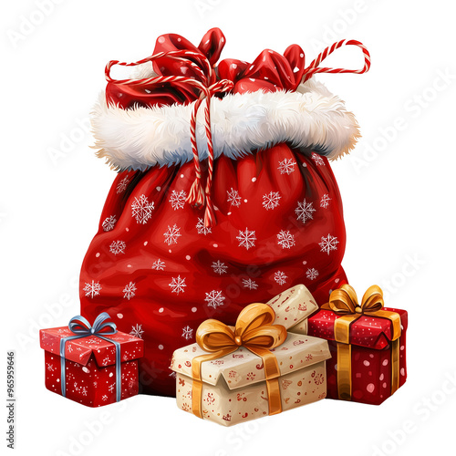 Illustration of Santa Claus bag with gifts isolated on transparent background.