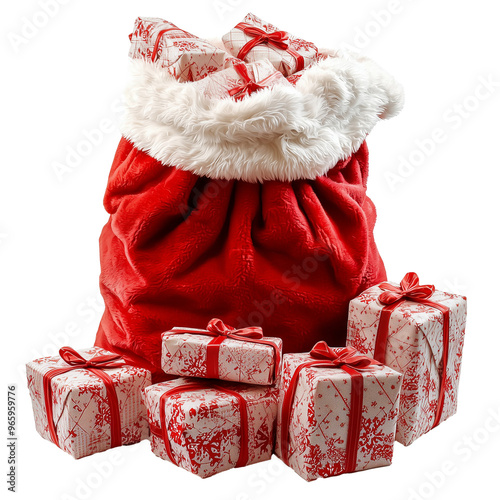 Red Santa Claus sack full of gifts isolated on transparent background. Cutout. PNG