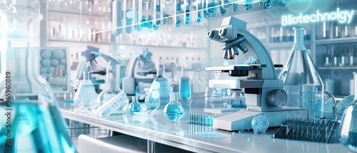 Futuristic biotechnology laboratory with advanced equipment, colorful glassware, and microscopes for scientific research.