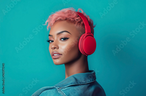 Uma jovem mulher com cabelo curto rosa pastel está imersa na música enquanto usa fones de ouvido vermelhos, cercada por um fundo azul-petróleo marcante que destaca sua expressão serena.