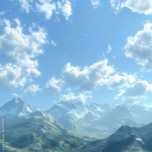 Majestic mountain range with snowcapped peaks under a bright blue sky with puffy white clouds.